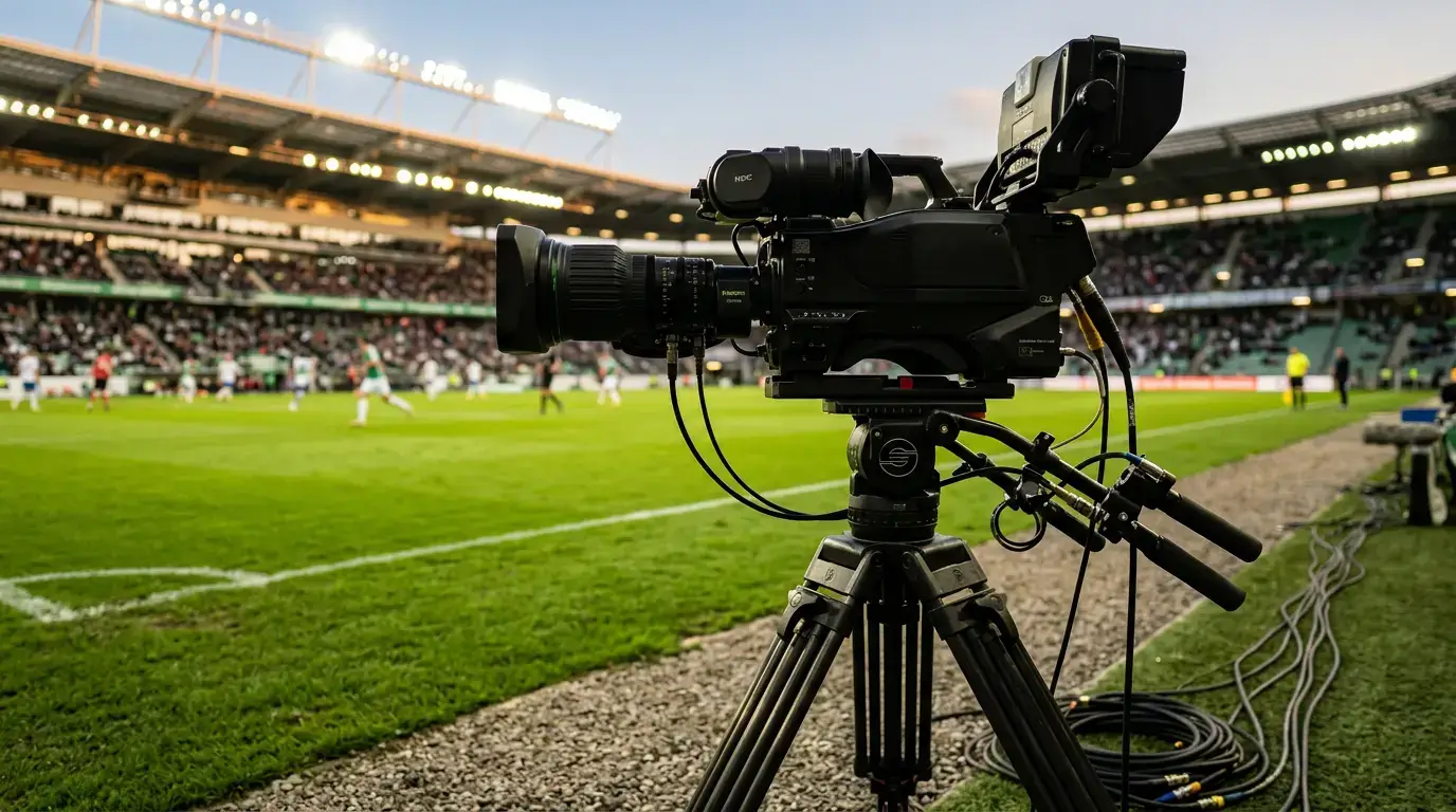 Câmara de televisão a filmar um jogo da Liga Portugal num estádio com iluminação profissional