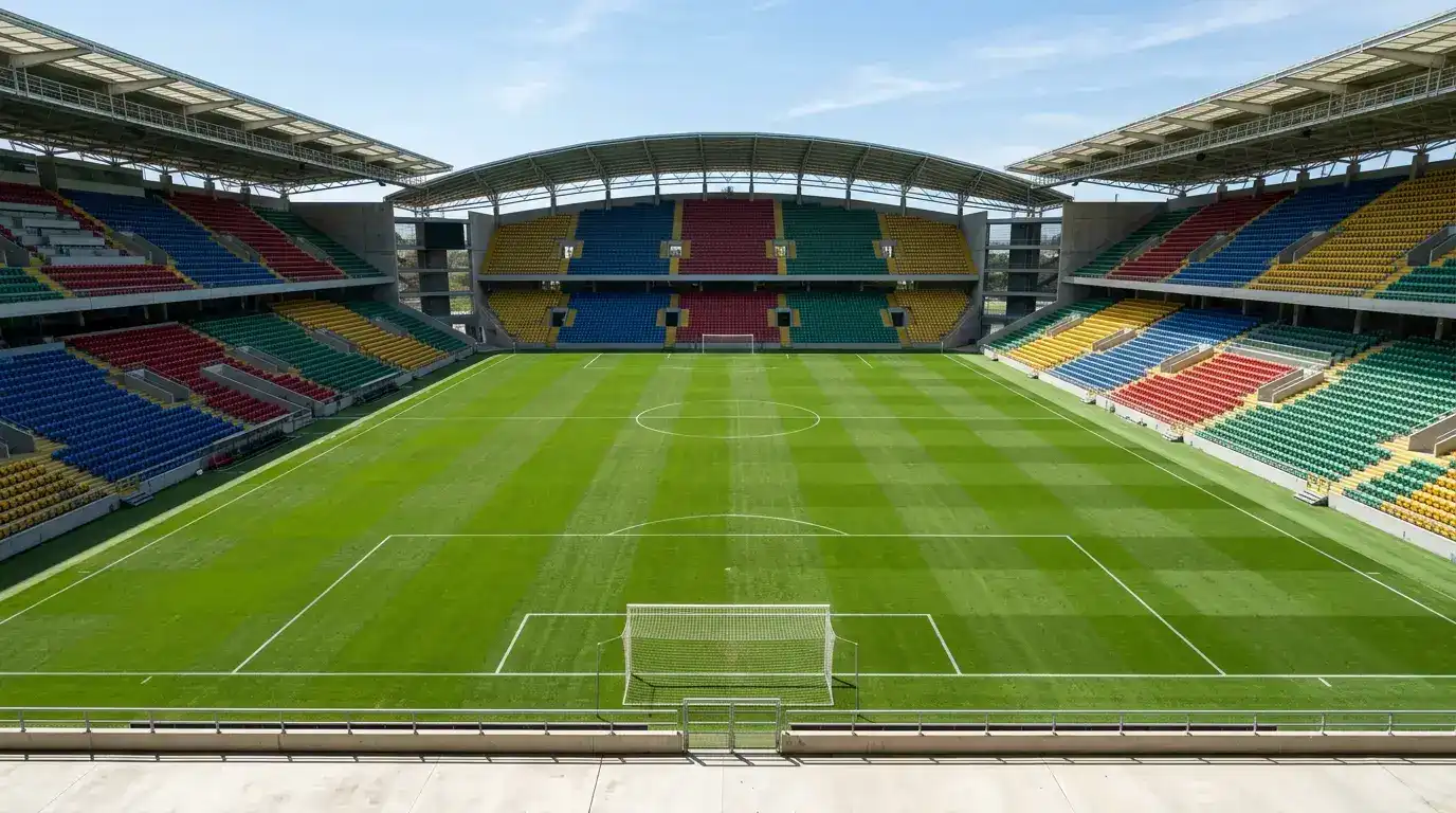 Panorama de um estádio da Liga Portugal com as bancadas iluminadas durante um jogo da Primeira Liga
