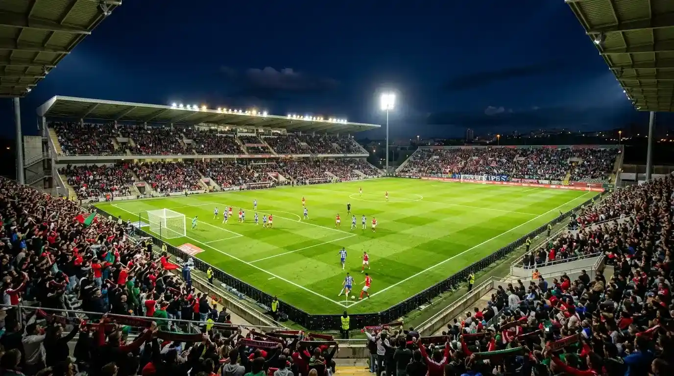 Estádio da Liga Portugal durante um jogo noturno da Primeira Liga