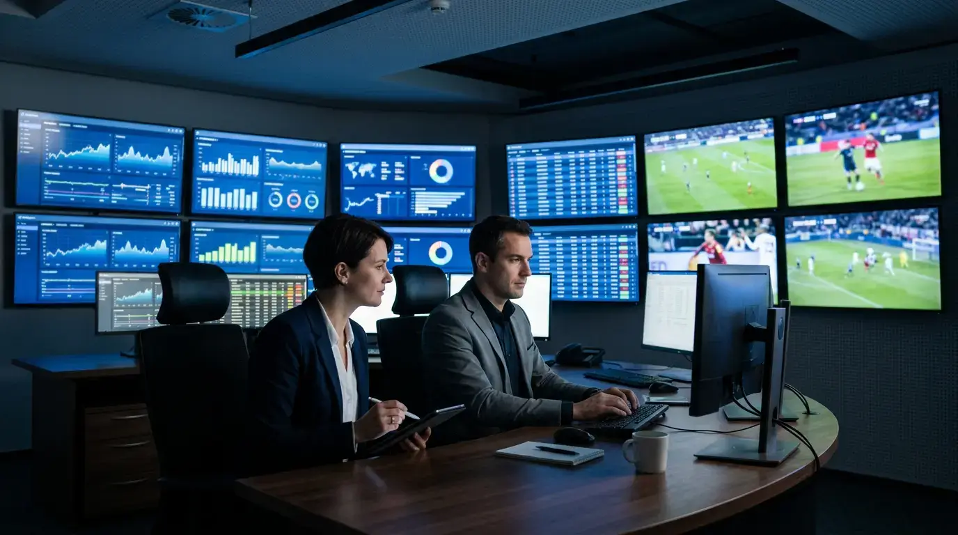 Sala de controlo com ecrãs de monitorização de apostas desportivas em Portugal